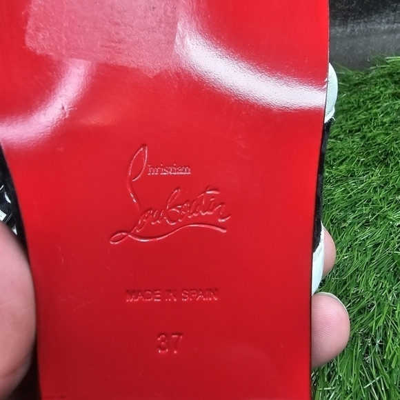 Christian Louboutin Black/White Logo Canvas and Leather Crossimule Flat Slides - Picture 11 of 11